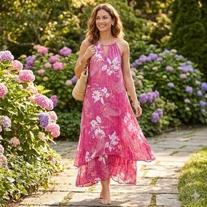 Mlle Gabrielle Pink Paisley Maxi Dress Boho Sleeveless Floral Tiered Large